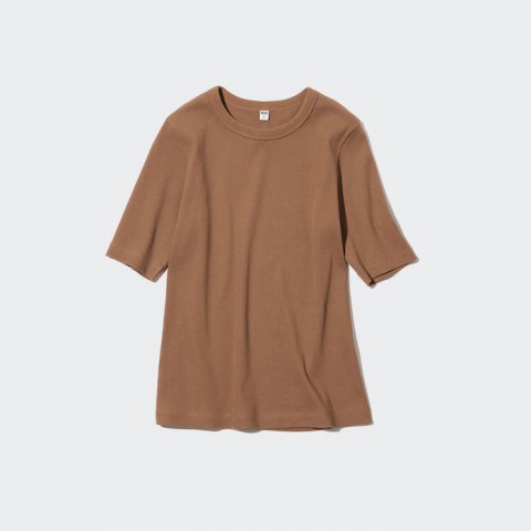 Uniqlo  Женская ребристая футболка (половина рукава), коричневый, размер L