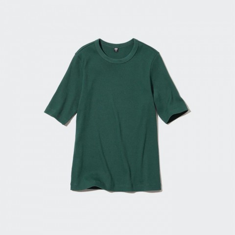 Uniqlo  Женская ребристая футболка (половина рукава),зеленый, размер L