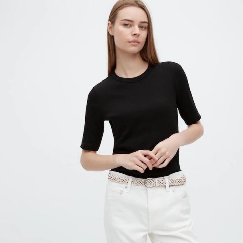 Uniqlo  Женская ребристая футболка (половина рукава), черный, размер L