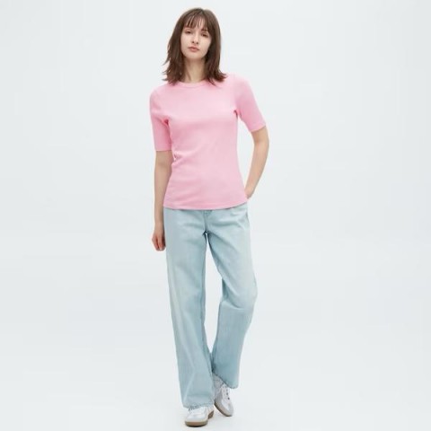 Uniqlo  Женская ребристая футболка (половина рукава), розовый, размер L