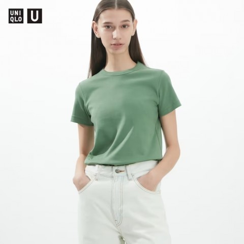 Uniqlo Женская футболка с круглым вырезом, оливковый, размер М