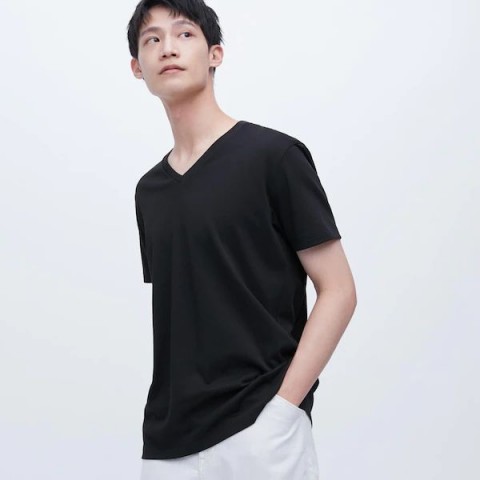 Uniqlo Мужская футболка с V-образным вырезом (короткий рукав) , черный, L
