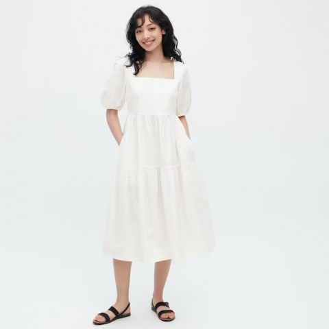 Uniqlo Платье со сборками из льна (длина 107-118 см), белый, размер L