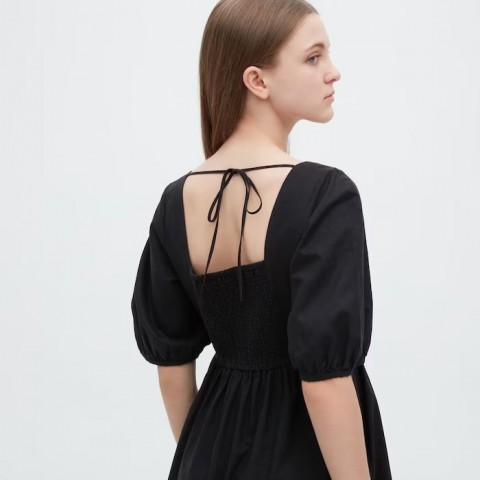 Uniqlo Платье со сборками из льна (длина 107-118 см), черный, размер ХL