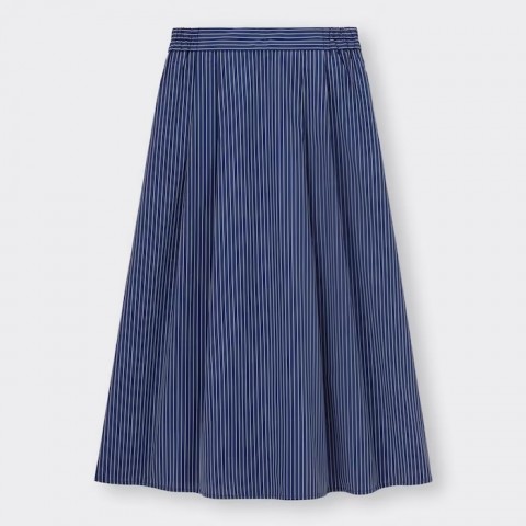 GU Расклешенная юбка миди с защипами, синий в полоску, размер L