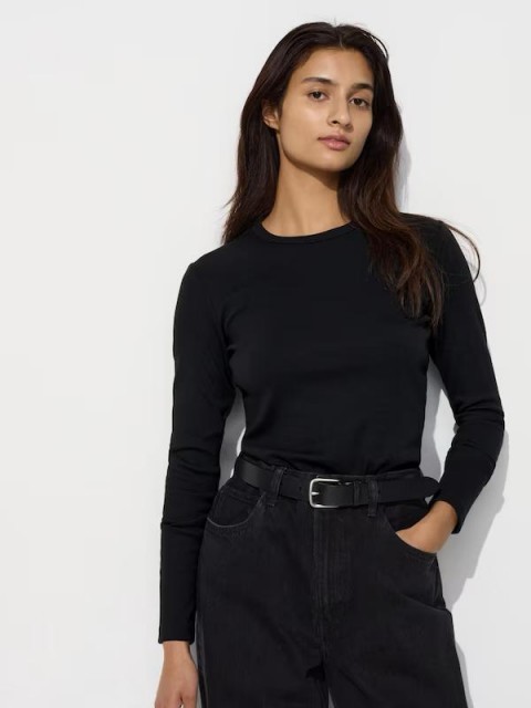 Uniqlo Женская Мягкая футболка в рубчик с круглым вырезом (длинный рукав) ЧЕРНЫЙ S